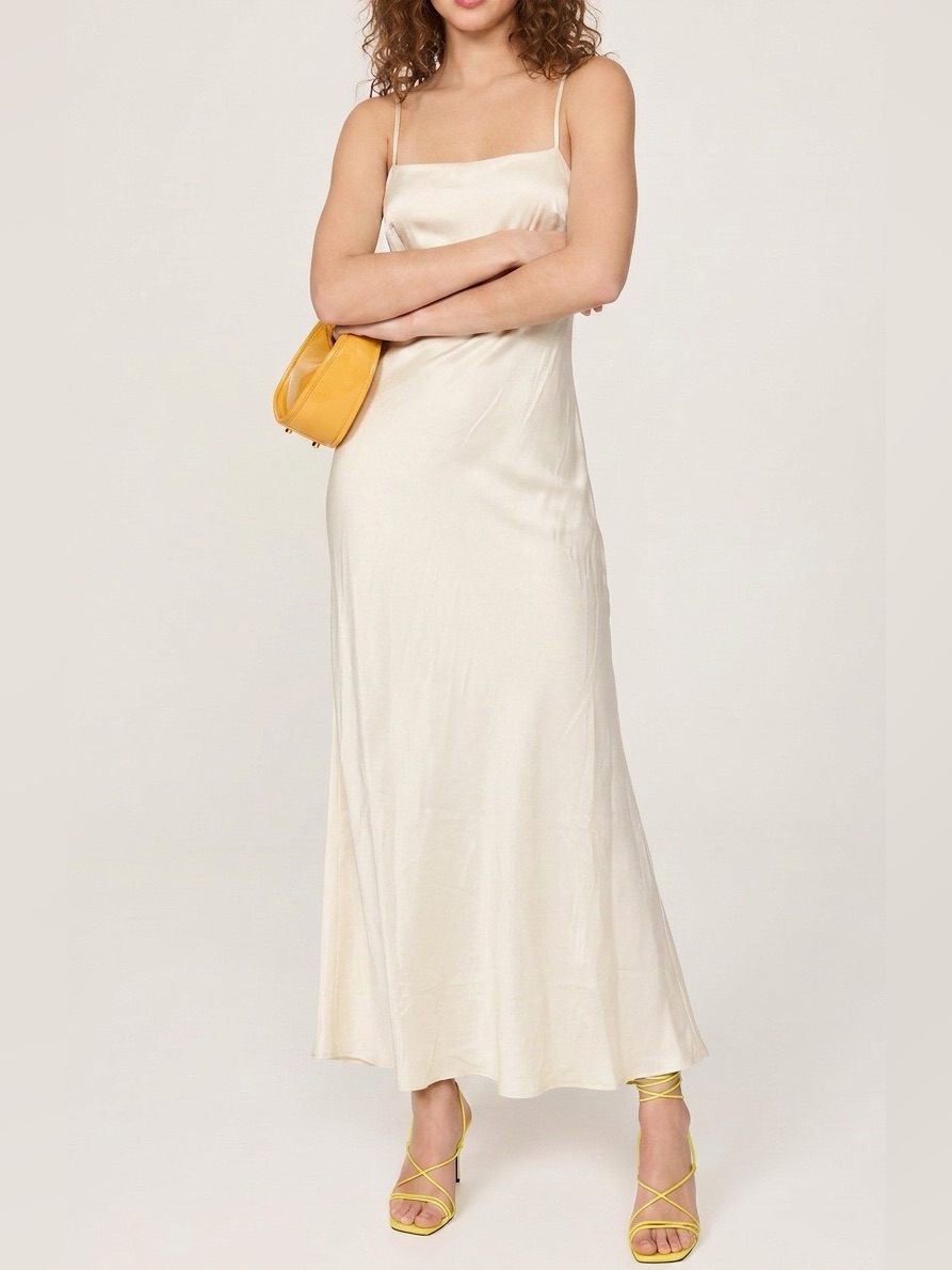 Nwt Rumored Cream Off-White Satin Maxi Dress Medium Slit Luxury Aesthetic